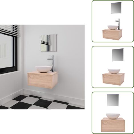 Grifo - vidaXL Conjunto de muebles de baño con lavabo y grifo 4 piezas beige - Espejo