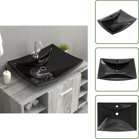 Grifo - vidaXL Lavabo rectangular cerámica orificio de grifo y desagüe negro - Baño