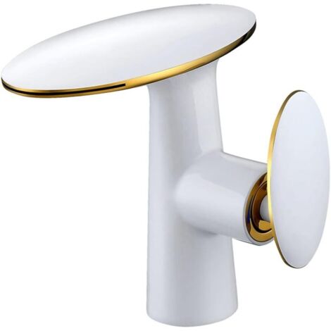 Grifos para lavabo de baño de latón blanco con manija en cascada, grifo simple, agua fría y caliente, grifo mezclador para lavabo de sobre encimera, acabado dorado