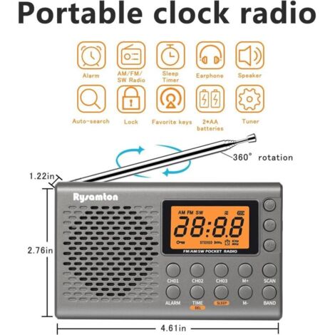 (Grigio) Radio portatile AM/FM/onde corte, radio tascabile a batteria, ampio display digitale, radiosveglia con sveglia e funzione sleep, cuffie incluse