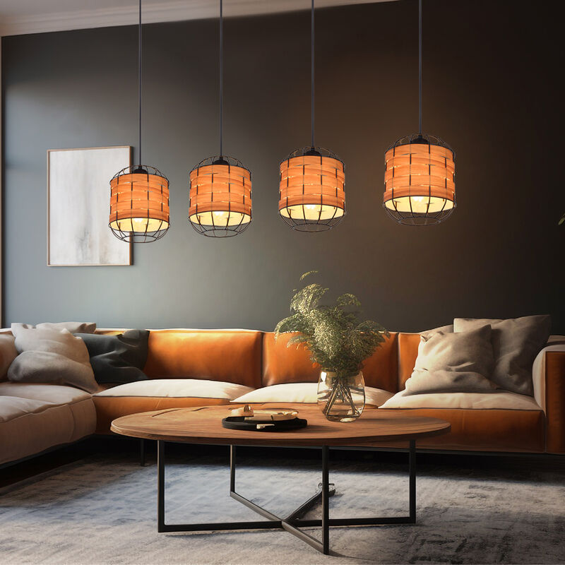 Image of Griglia luminosa a sospensione con aspetto legno chiaro, nera, sala da pranzo, marrone chiaro, metallo, 4 prese E27, LxLxA 100x18x120 cm