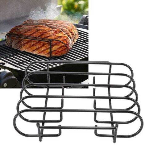 Griglia per costine, capacità 4 file, compatta, portatile, in ferro, nera, riutilizzabile, griglia per costine verticale per barbecue e campeggio