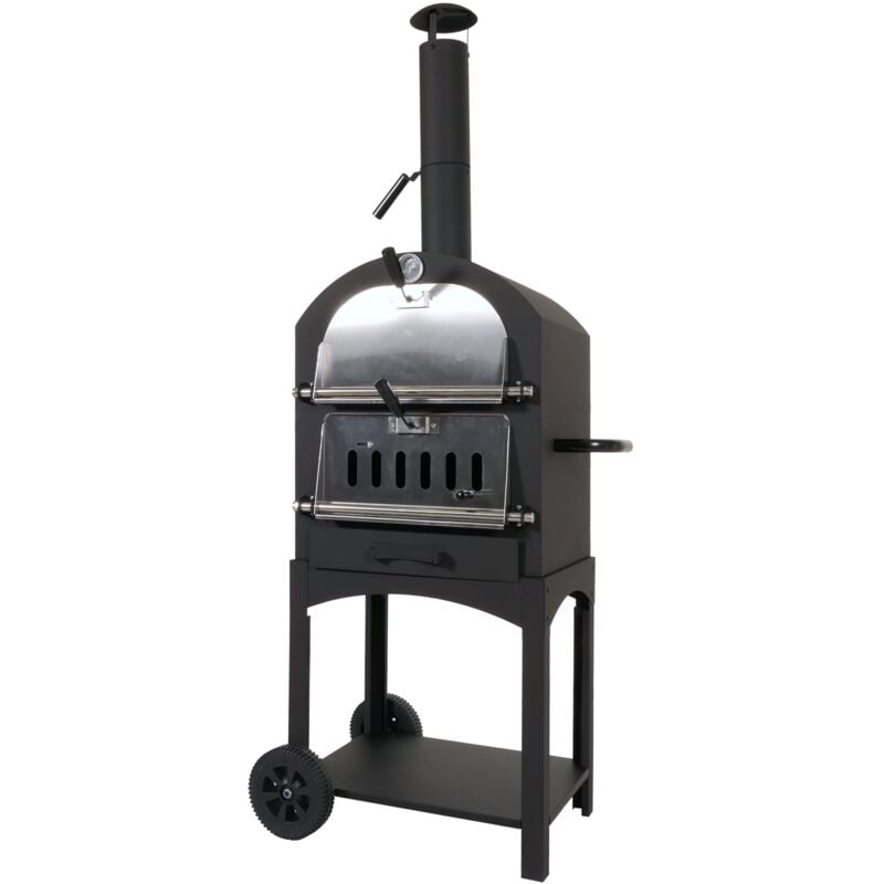 HHG - Gril à charbon de bois 851, Four à pizza Four à cheminée, Gril à charbon de bois Pierre à pizza, Acier noir laqué haute température