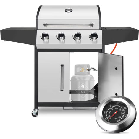 Gril à gaz 4 + 1 brûleur 52,000 BTU avec brûleur latéral, jauge de température, grande surface de cuisson, barbecue propane inox pour extérieur, finition argentée