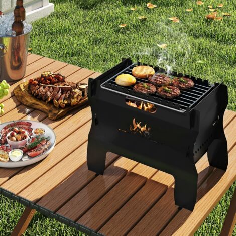 Gril de Camping 2 en 1 Brasero Portable à Double Combustible au Gaz Butane avec Grille en Acier Inoxydable et Sac de Transport Noir
