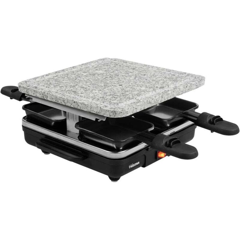 Tristar RA-2745 Appareil à raclette revêtement anti-adhésif, voyant lumineux, 4 poêlons, avec pierrade noir, gris