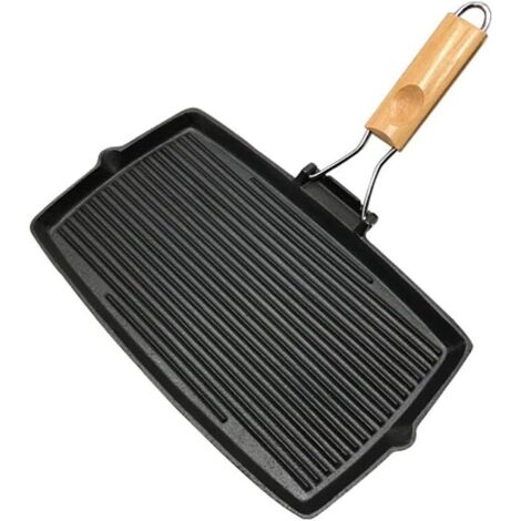 Gril rectangulaire en Fonte avec poignée Rabattable, poêle à Frire antiadhésive Compatible Induction avec poignée Rabattable, poêle Noire