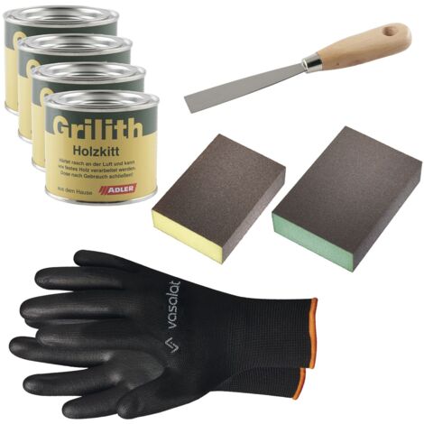 Grilith Holzkitt - Reparaturpaste Spachtelmasse, ideal zur Holzreparatur mit Schleifblöcke K220 & K320 und Spachtel, Kirschbaum/Mahagoni/Nussbaum hell/dunkel 4x200ml