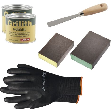 Grilith Holzkitt - Spachtelmasse für Holz, ideal zur Holzreparatur - Holzspachtelmasse mit Schleifblöcke K200 & K180 und Spachtel, schwarz/weiß 2x200ml