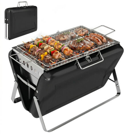 Grill barbecue charbon de bois en acier inoxydable avec grille, poignée et pieds pliants pour camping, dimensions 40x28x25,5cm noir