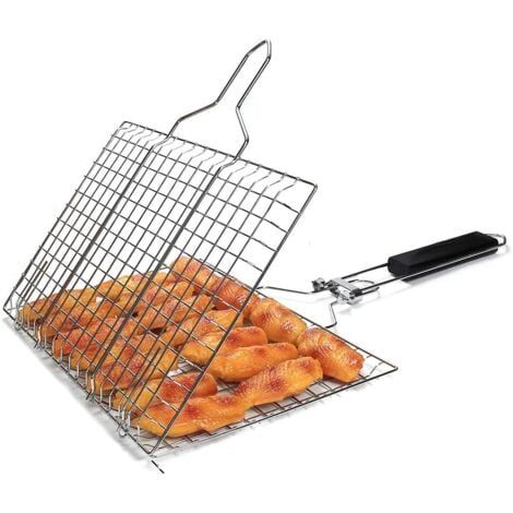 Grill Basket with Wooden Handle, Foldable Portable BBQ Grill Basket, Grill Fish Basket Clip, Clip Grill Basket, with Detachable Handle and Storage Bag