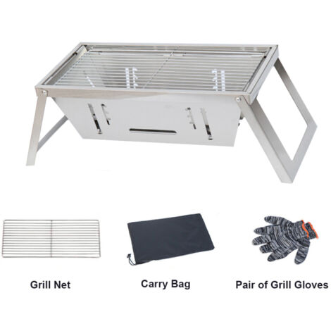 Grill BBQ de Camping Pliant Inox, 3 Réglages de Hauteur, Gants de Grill, Sac de Transport