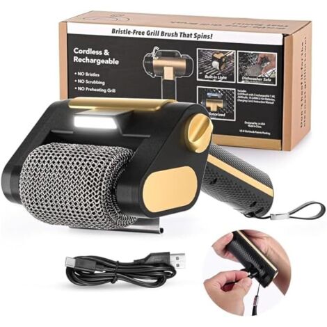 Grill Cleaning Brush with Bright LED Light, 304 Stainless Steel Power Roller, Motorized BBQ Cleaner for Burnt-On Food (Black)