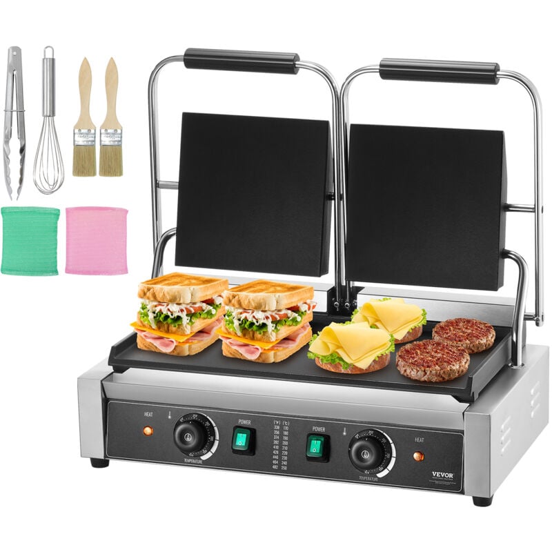 Grill commercial Vevor machine a panini electrique 3600 w, presse a sandwich double en acier inoxydable, grill a panini avec controle de la