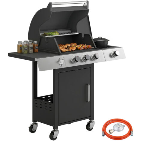Grill gaz 10,5 kW 3+1 brûleurs grill barbecue acier inoxydable brûleur latéral ouvre-bouteille thermomètre grille fonte grille