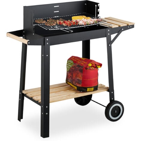Grill Relaxdays avec roues, 2 étagères, grille ajustable, pare-vent, chariot H x L x P : 80,5 x 86 x 42 cm, noir