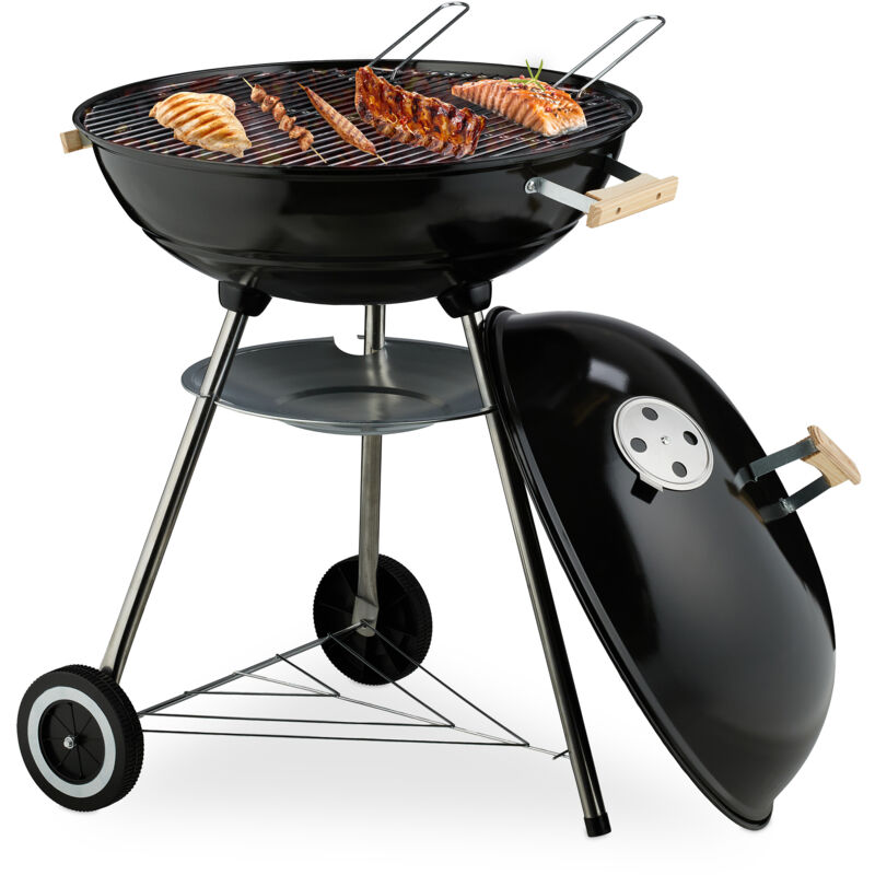 Relaxdays - Barbecue charbon de bois, 2 roulettes, coupelle cendrier, d grille du dessus : env. 54 cm, extérieur, noir
