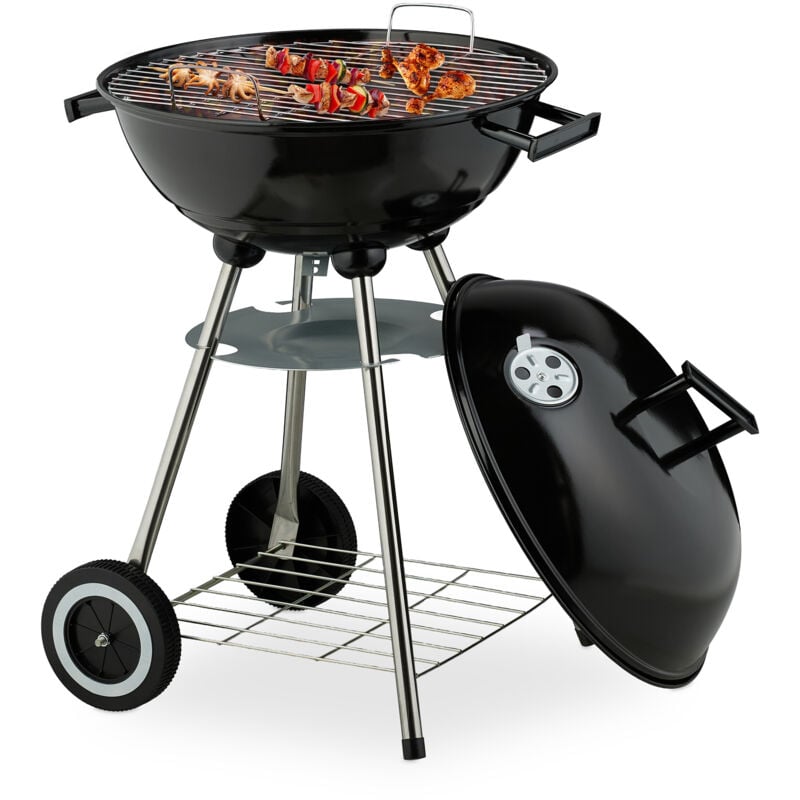 Relaxdays - Barbecue charbon de bois, 2 roulettes, bbq, coupelle cendrier, h x l x p : 77 x 44 x 51 cm, noir et argenté