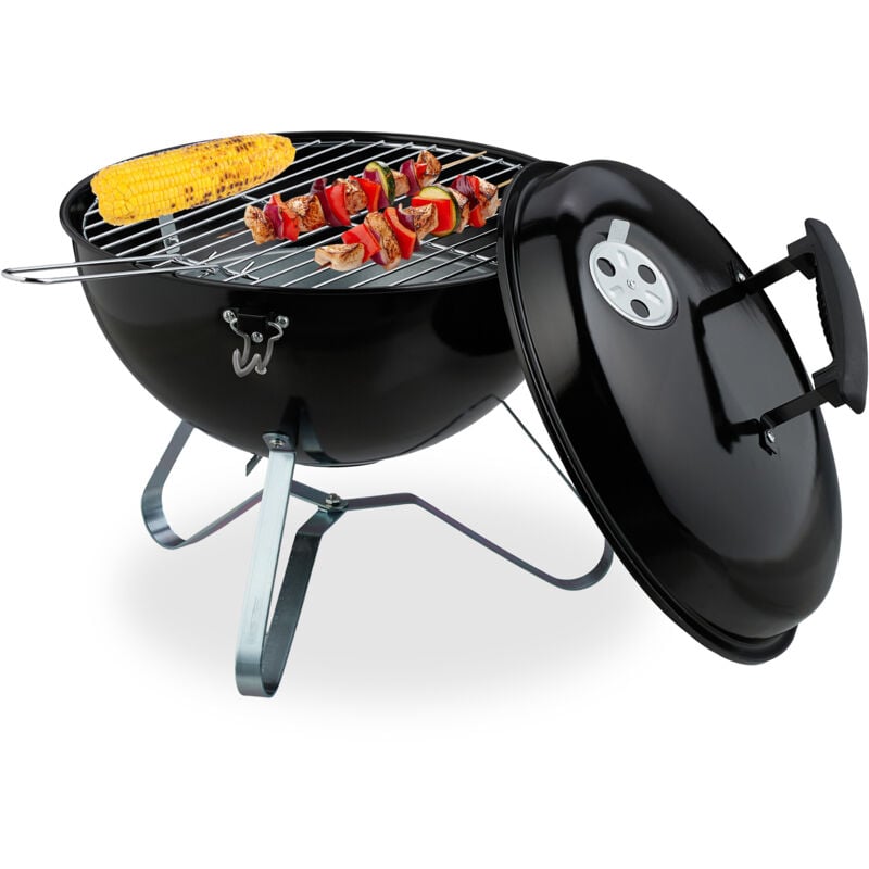 Barbecue portable, grill rond, ø 37 cm, pour table, jardin, balcon, avec couvercle, bac à charbon, noir - Relaxdays