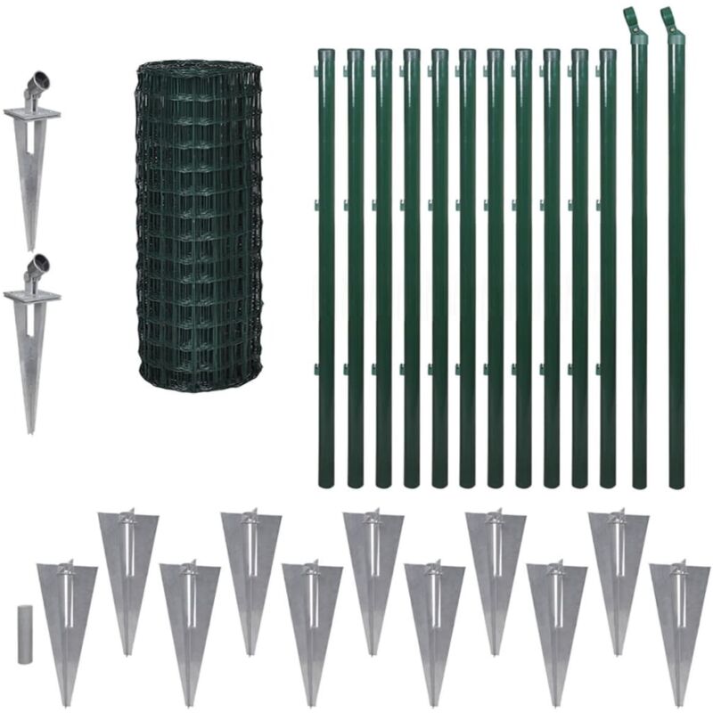 Jeu de cl&ocirc;ture avec des piquets de sol 25 x 1 m Acier Vert