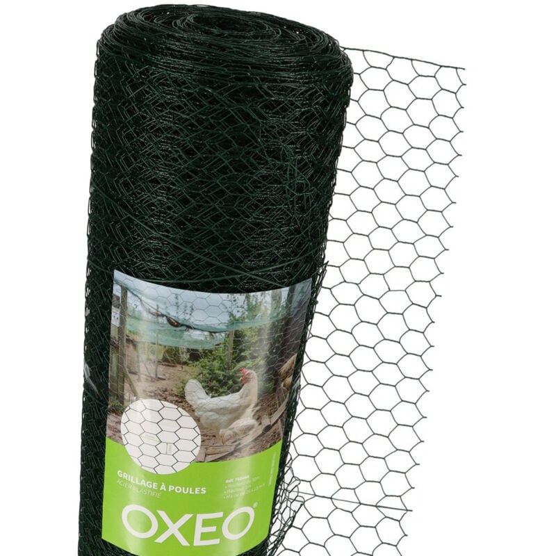Oxeo - Grillage à poule 30m - Hauteur 1m - Acier revêtement pvc vert – Maille hexagonale 25x13mm - Filet de clôture pour poulailler