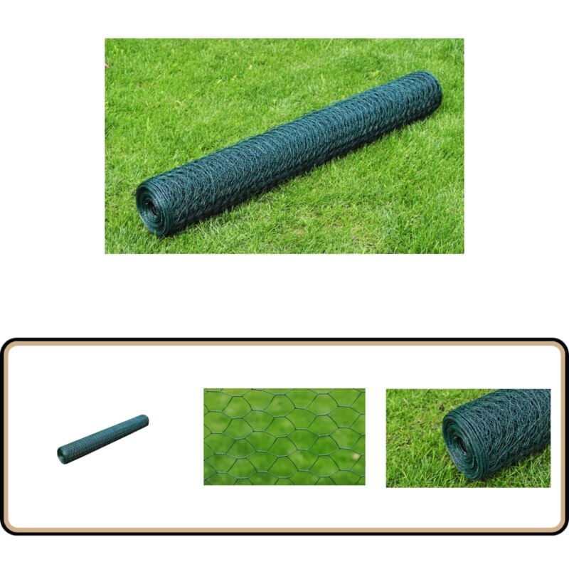 Grillage à poule avec revêtement en PVC 25x0,75 m vert - Trellis Métal - Grillage Poulet - Clôture Jardin - Abri Animal - Protection Plantes