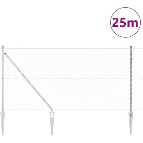 Grillage rouleau，Clôture en chaîne avec 13 poteaux d’ancrage 1,2 x 25 m Acier galvanisé CFW3101945