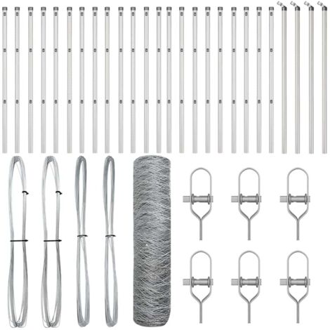 Grillage rouleau，Clôture Hexagonale 0.4x50 m Acier Galvanisé, Poteaux de Clôture 13 pcs Ø32 mm 80 cm Acier Galvanisé CFW5666985