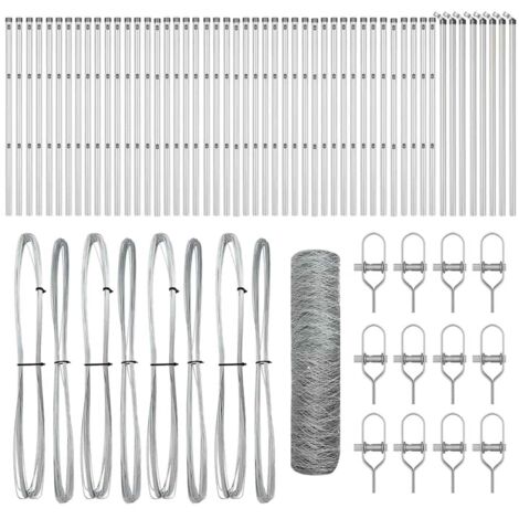 Grillage rouleau，Clôture hexagonale 0.5x100 m Acier galvanisé, Pieux de clôture 13 pcs Ø32 mm 100 cm Acier galvanisé CFW9565649
