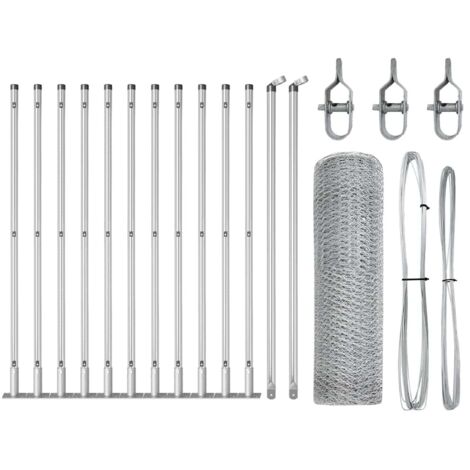 Grillage rouleau，Clôture Hexagonale 0,6x25 m Acier Galvanisé, Poteaux de Clôture avec Plaques de Base 13 pcs Ø32mm 70cm Acier Galvanisé CFW8936612