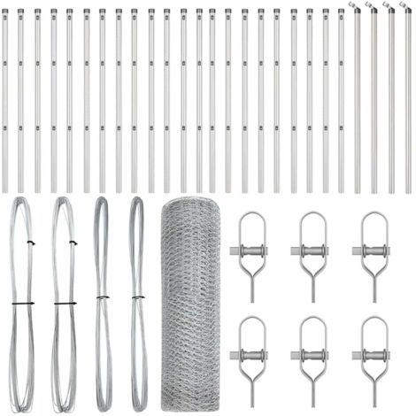 Grillage rouleau，Clôture hexagonale 0,6x50 m Acier galvanisé, Poteaux de clôture 13 pcs Ø32 mm 100 cm Acier galvanisé CFW7075902