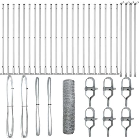Grillage rouleau，Clôture hexagonale 0.6x50 m en acier galvanisé, Poteaux de clôture avec plaques de base 13 pcs Ø32mm 70cm en acier galvanisé CFW8074055