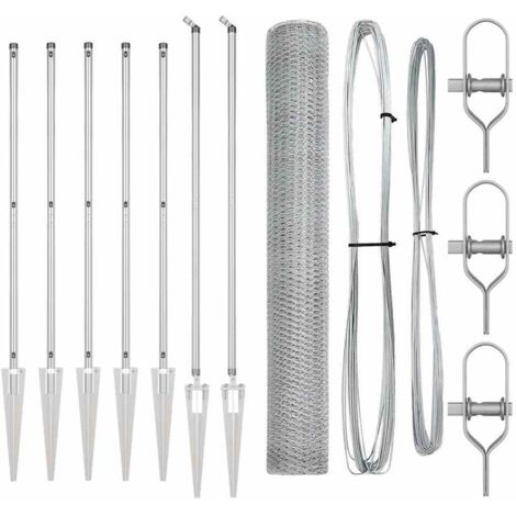 Grillage rouleau，Clôture Hexagonale 1,2x10 m Acier Galvanisé, Pieux de clôture avec pointe 7 pcs Ø32 mm 140 cm Acier Galvanisé CFW5103332