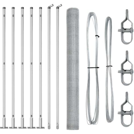 Grillage rouleau，Clôture Hexagonale 1,5x10 m Acier Galvanisé, Piquets de Clôture avec Plaques de Base 7 pcs Ø32mm 83,5cm Acier Galvanisé CFW4188086