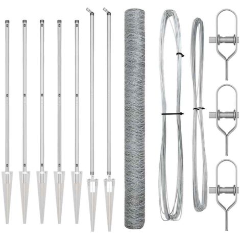 Grillage rouleau，Clôture Hexagonale 1.6x10 m Acier Galvanisé, Poteaux de Clôture avec Pointe 7 pcs Ø32 mm 180 cm Acier Galvanisé CFW4476494