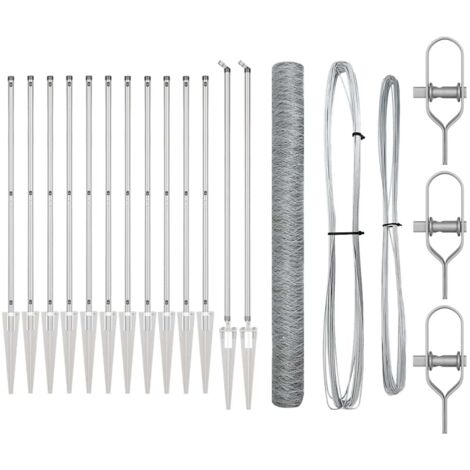 Grillage rouleau，Clôture Hexagonale 1,6x25 m Acier Galvanisé, Poteaux Clôture avec Spike 13 pcs Ø32 mm 180 cm Acier Galvanisé CFW3916325