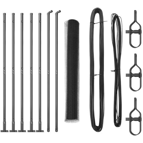 Grillage rouleau，Clôture Hexagonale Gris 0,8x10 m Acier, Poteaux de Clôture avec Plaques de Base 7 pcs Ø32mm 90cm Acier Galvanisé CFW6914445