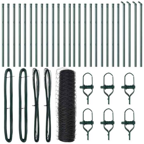 Grillage rouleau，Clôture Hexagonale Grise 0,4x50 m Acier, Pieux de Clôture 13 pcs Verts Ø32 mm 80 cm Acier Galvanisé CFW8622956