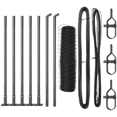 Grillage rouleau，Clôture hexagonale grise 0.5x10 m en acier, Poteaux de clôture avec plaques de base 7 pcs Ø32mm 70cm en acier galvanisé CFW1038997