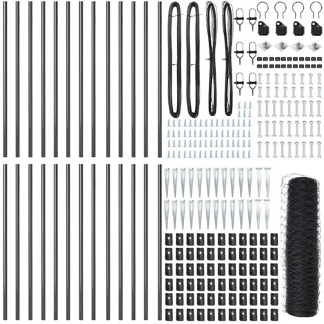Grillage rouleau，Clôture Hexagonale Grise 0,5x50 m Acier, Pieux de Clôture avec Piquet 13 pcs Ø32 mm 80 cm Acier Galvanisé CFW5959824