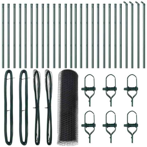 Grillage rouleau，Clôture hexagonale Grise 0.6x50 m Acier, Poteaux de clôture 13 pcs Verts Ø32 mm 100 cm Acier galvanisé CFW4800800