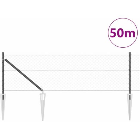 Grillage rouleau，Clôture Hexagonale Grise 0,6x50 m Acier, Poteaux de Clôture avec Ancre Droitée 13 pcs Ø32 mm 80 cm Acier Galvanisé CFW1825418
