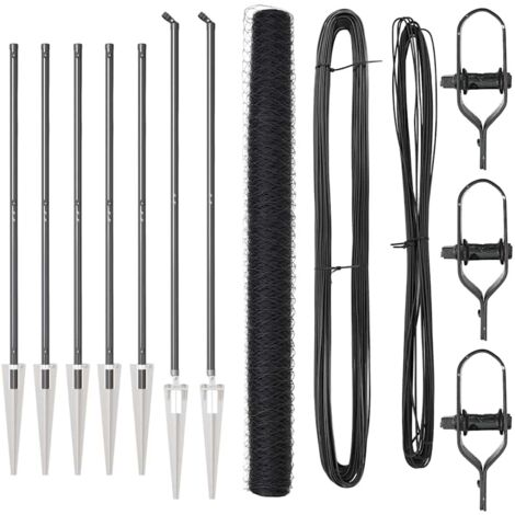 Grillage rouleau，Clôture Hexagonale Grise 1,5x10 m Acier, Poteaux de Clôture avec Pointe 7 pcs Ø32 mm 170 cm Acier Galvanisé CFW4511032