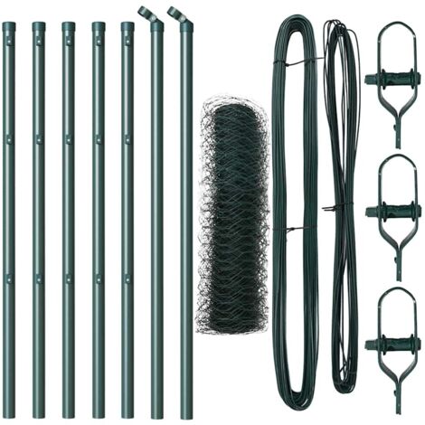 Grillage rouleau,Clôture Hexagonale Vert 0.6x10 m Acier, Poteaux de Clôture 7 pcs Vert Ø32 mm 100 cm Acier Galvanisé CFW2897877