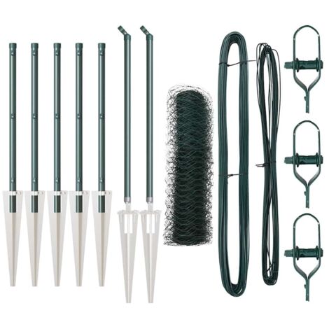 Grillage rouleau,Clôture hexagonale verte 0.4x10 m acier, Poteaux de clôture avec pointe 7 pcs Ø32 mm 60 cm en acier galvanisé CFW2738901