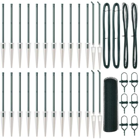 Grillage rouleau，Clôture Hexagonale Verte 0.4x50 m Acier, Poteaux de Clôture avec Pointe 13 pcs Ø32 mm 60 cm Acier Galvanisé CFW8670036