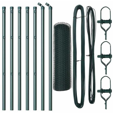Grillage rouleau，Clôture Hexagonale Verte 0.5x10 m Acier, Poteaux de Clôture 7 pcs Verts Ø32 mm 100 cm Acier Galvanisé CFW2676772