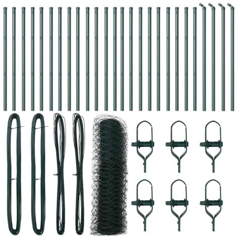 Grillage rouleau，Clôture Hexagonale Verte 0.5x50 m Acier, Poteaux de Clôture 13 pcs Verts Ø32 mm 100 cm Acier Galvanisé CFW9899470