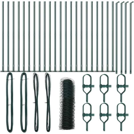 Grillage rouleau，Clôture Hexagonale Verte 0.8x50 m en Acier, Poteaux de Clôture avec Plaques de Base 13 pcs Ø32mm 90cm Acier Galvanisé CFW2604496