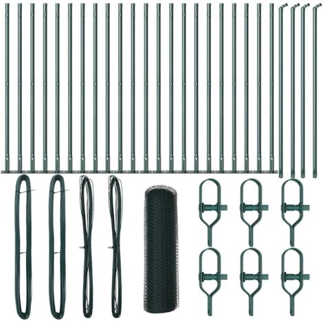 Grillage rouleau，Clôture hexagonale verte 0.8x50 m en acier, Poteaux de clôture avec plaques de base 13 pcs Ø32mm 90cm en acier galvanisé CFW8477517